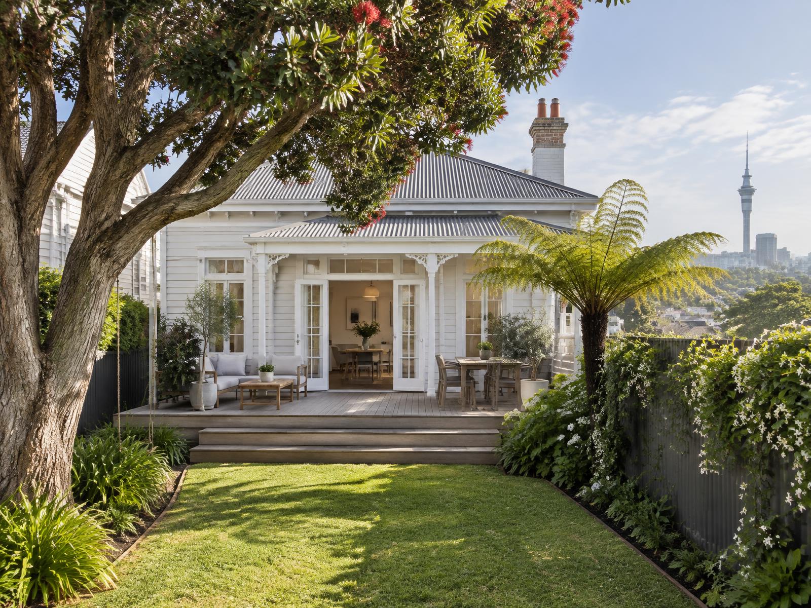 Rear of a white Ponsonby villa with a timber deck and garden, Auckland Sky Tower beyond the roofline