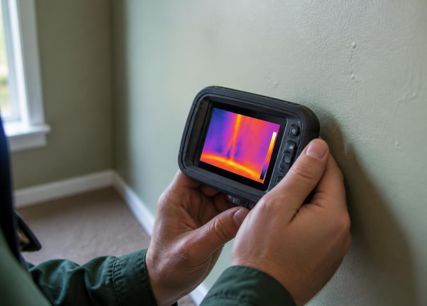 Technician using a thermal imaging camera against an interior wall
